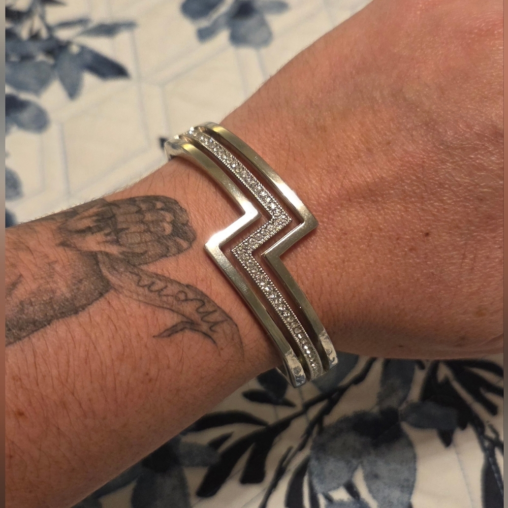 Silver Tone Chevron Hinged Bangle Bracelet Pavé CZ Statement Cuff Minimalist